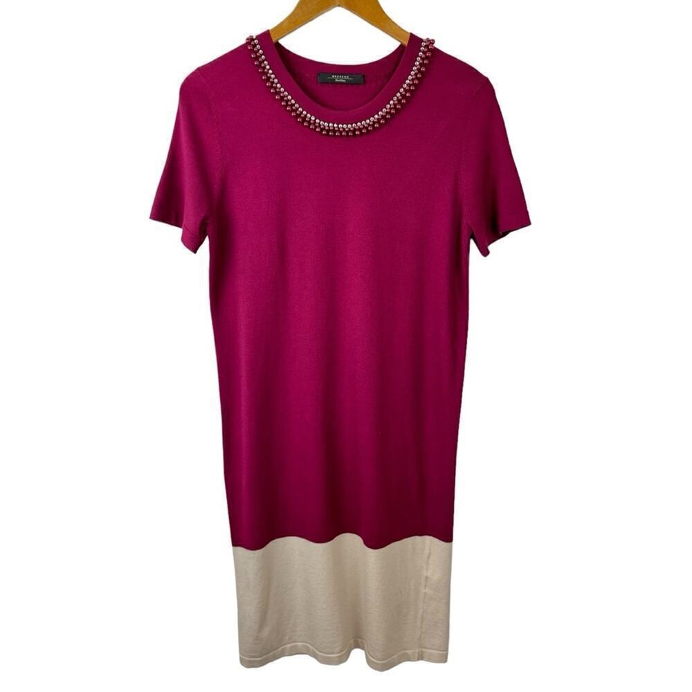 Weekend Max Mara Beaded Neckline Color Block Knit Shift Dress Size Medium